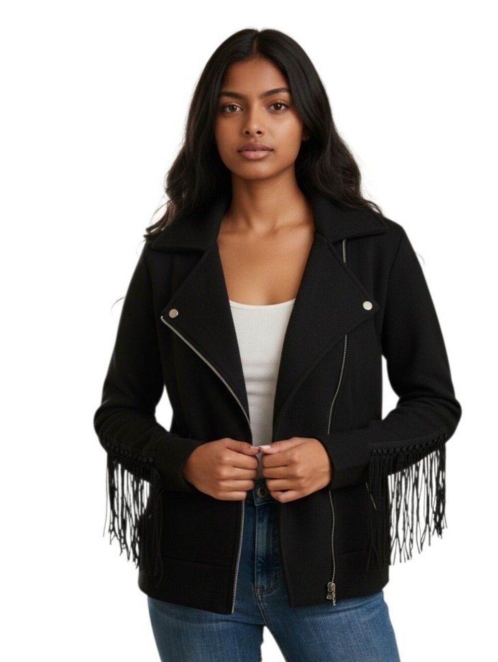 Allsaints Robyn Biker Wool Jacket Women Size Small Black Fringed Boho Zip Up